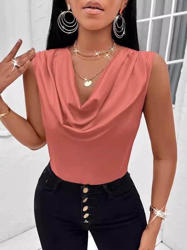 Loose Sleeveless Pleated Solid Color V-Neck Vest Top Product Image