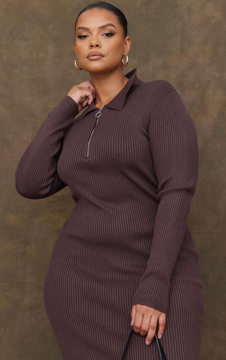 Plus Chocolate Half Zip Collared Detail Midaxi Dress Product Image