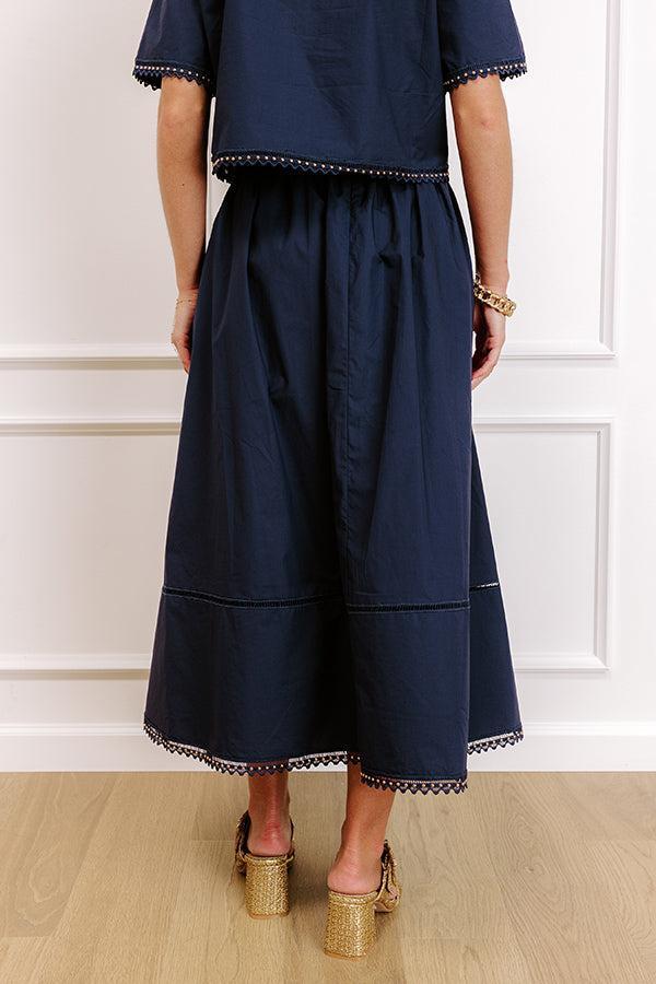 Courtyard Brunch High Waist Midi Skirt in Navy Product Image