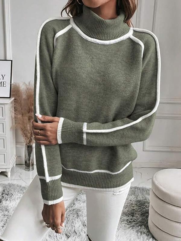Long Sleeves Loose Contrast Color Split-Joint High Neck Sweater Tops Product Image