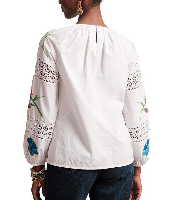 FRANCES VALENTINE Saskia Botanical Embroidery Smocked Round Neck Long Sleeve Blouse Product Image