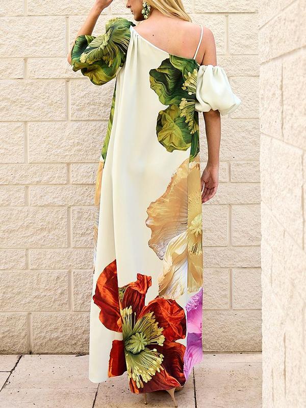 A-Line Loose Elasticity Flower Print One-Shoulder Maxi Dresses Product Image