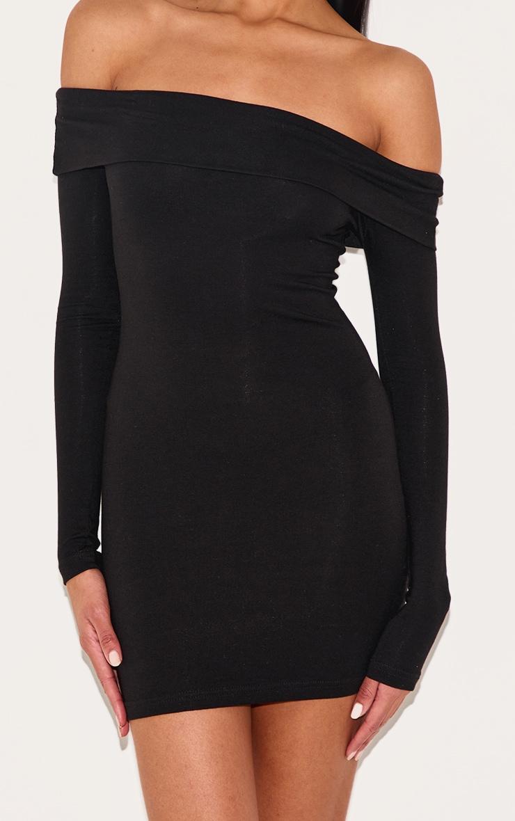 Black Cotton Bardot Fold Over Mini Dress Product Image