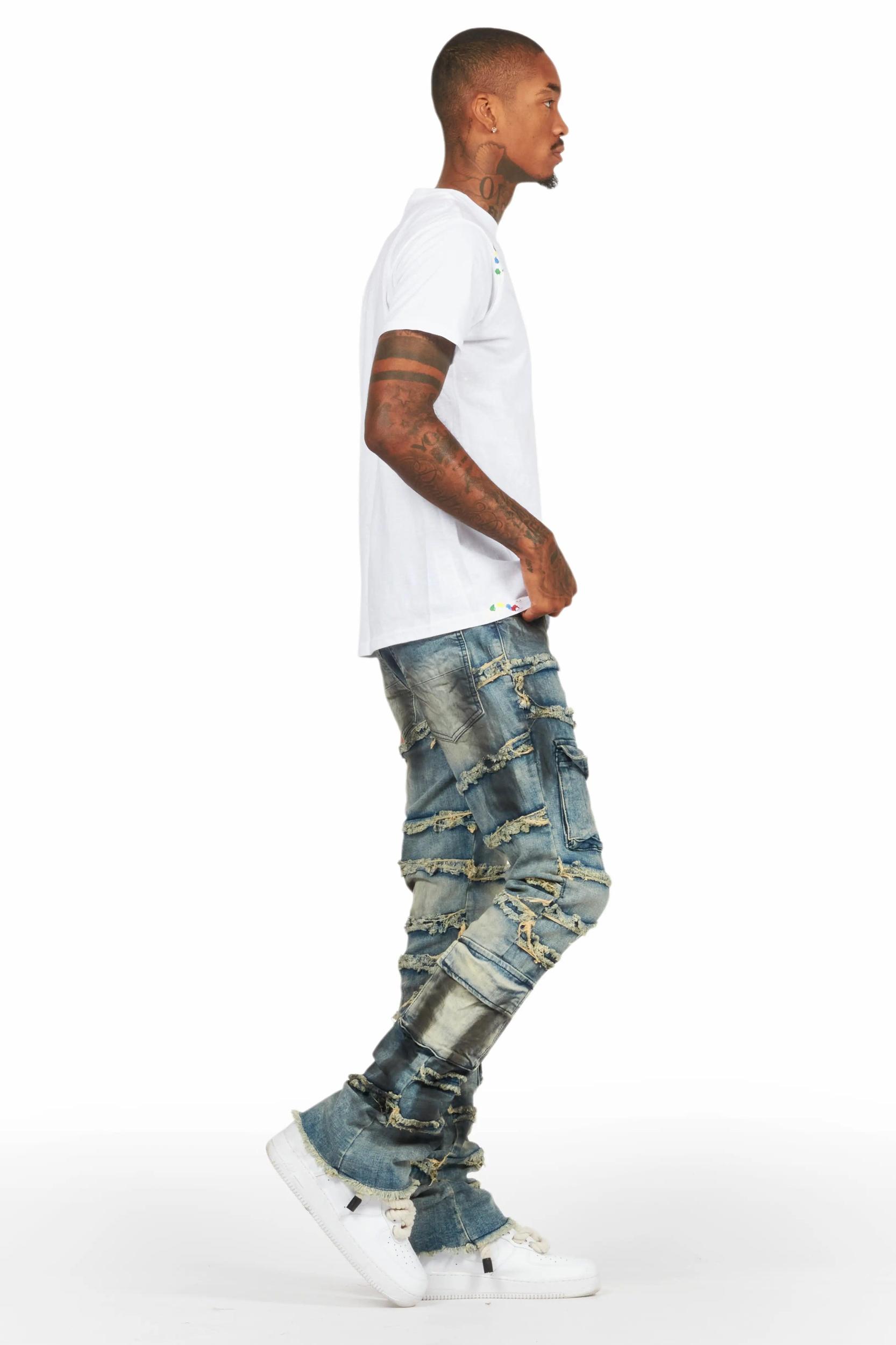Yves Blue Stacked Flare Cargo Jean Male Product Image