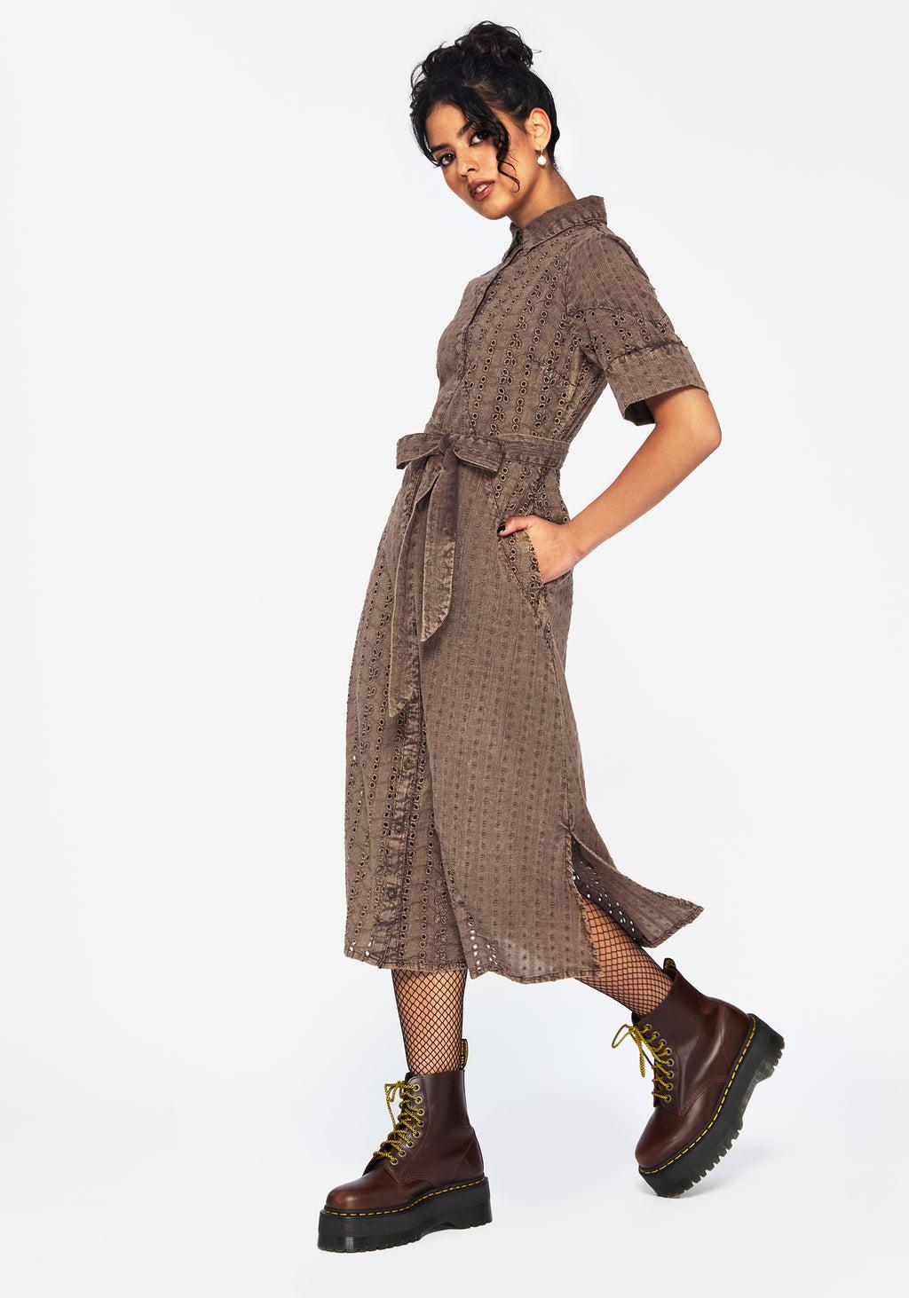 Summerisle Cotton Broderie Detail Tie Wrap Midi Shirt Dress Product Image