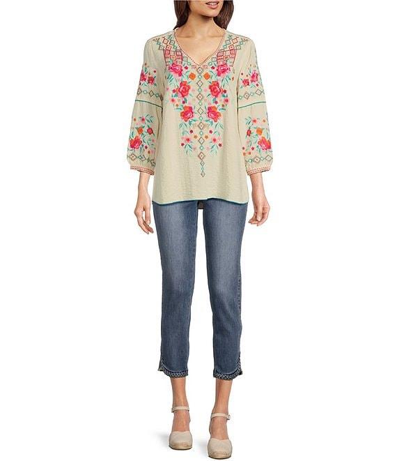 John Mark Floral Embroidered V-Neck 3/4 Cuffed Sleeve Woven Peasant Top Product Image