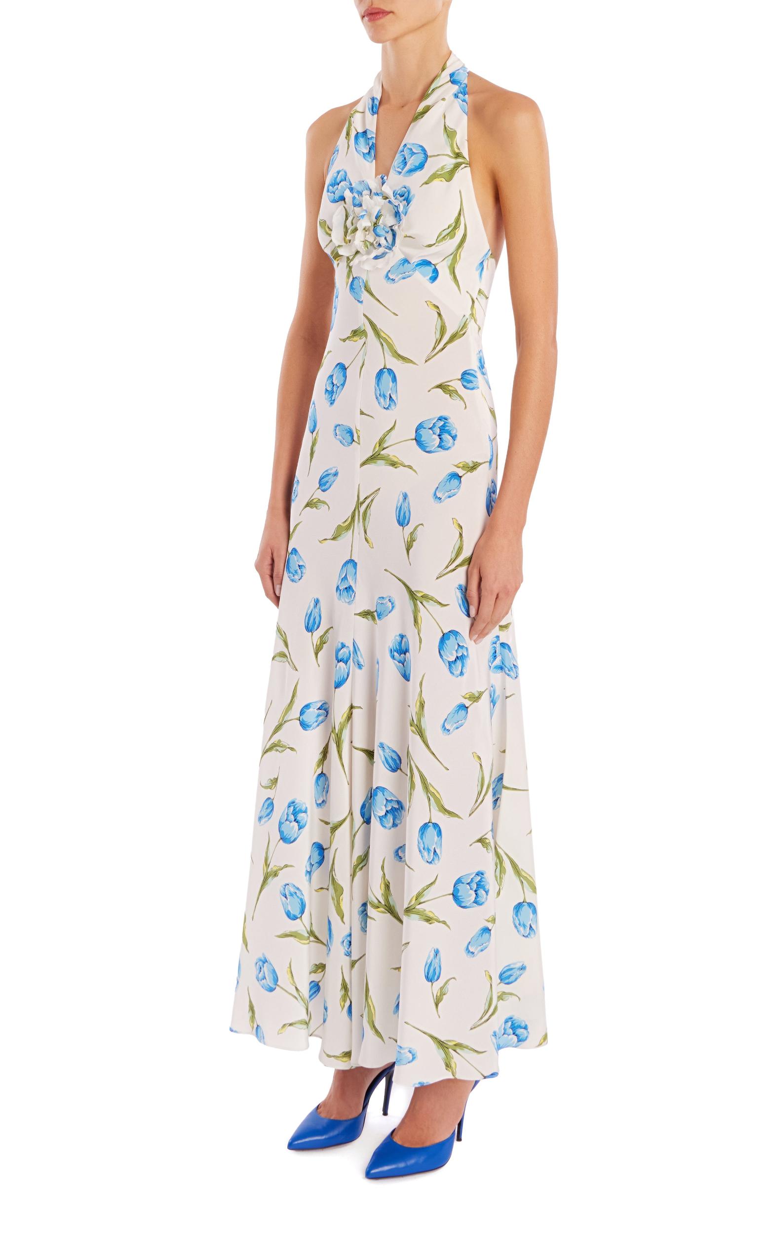 Tulip Printed Silk Halter Maxi Dress With Silk Flower Product Image