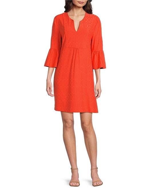 Jude Connally Kerry Jacquard Grand Links Split V-Neck 3/4 Sleeve Shift Dress Product Image