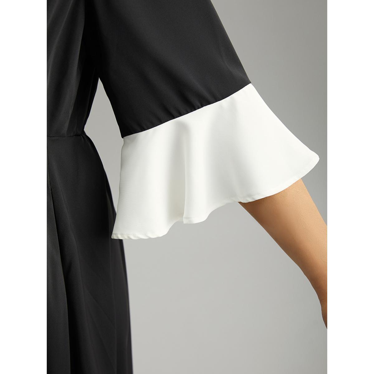 Plus Size Contrast Ruffle Sleeve Hanky Hem Dress Black Women Elegant Patchwork V-neck Elbow-length sleeve Curvy Midi Dress BloomChic 22-24/3X Product Image
