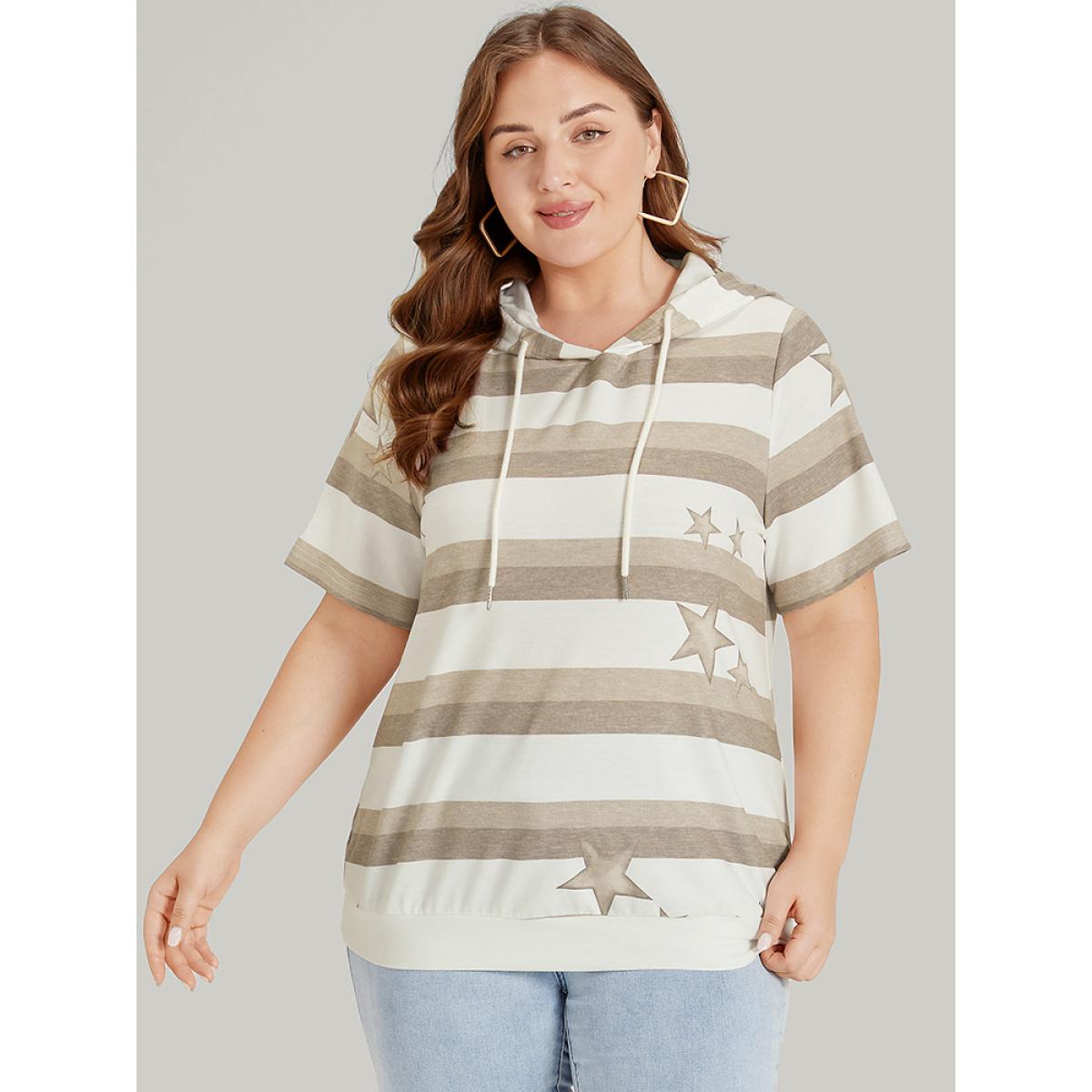 Plus Size Striped & Star Print Hooded Ties Sweatshirt Women Multicolor Casual Printed Hooded Dailywear Sweatshirts BloomChic 18-20/2X Product Image