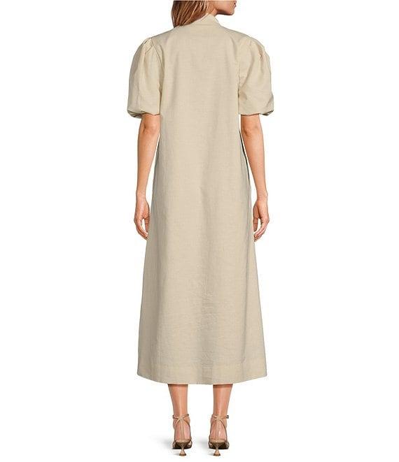 Mestiza New York Elliana Linen Blend Mandarin Collar Puff Sleeve Embroidered Button Front Midi Dress Product Image