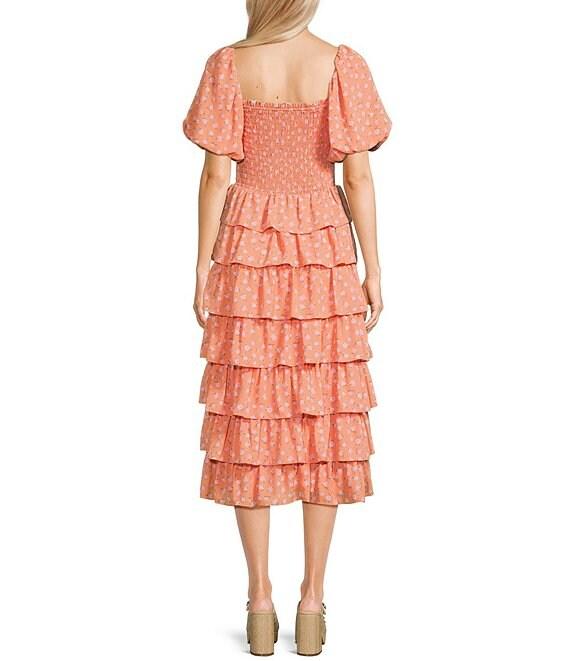 Midnight Doll Ditsy Floral Print Puff Sleeve Smocked Bodice Tiered Ruffle Midi Dress Product Image