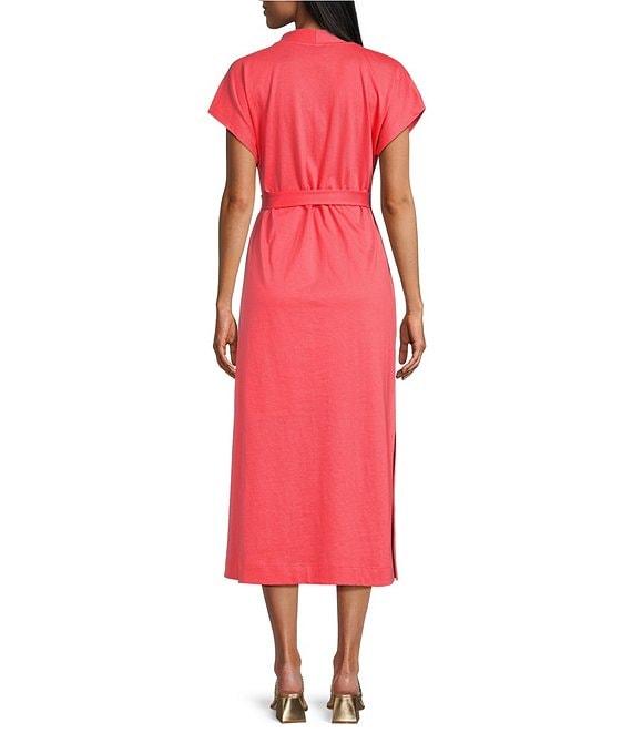 Tommy Bahama Islandscape Jersey V-Neck Short Sleeve Self-Belted Midi Dress Product Image