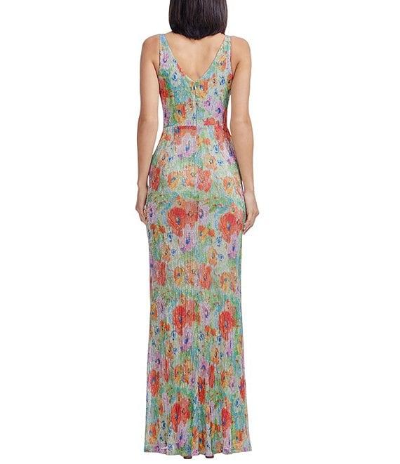 Dress the Population Jordan V-neck Side Ruched Abstract Floral Metallic Chiffon Column Gown Product Image