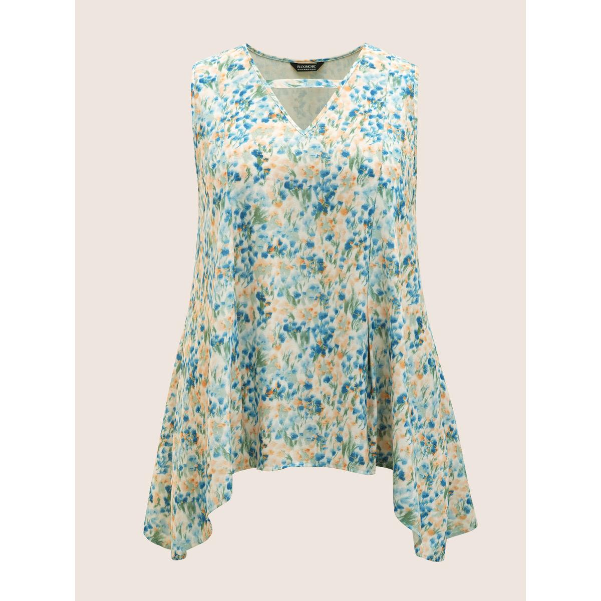 Plus Size Watercolor Floral Keyhole Hanky Hem Tank Top Women Multicolor Elegant Contrast Non Everyday Tank Tops Camis BloomChic 12/L Product Image