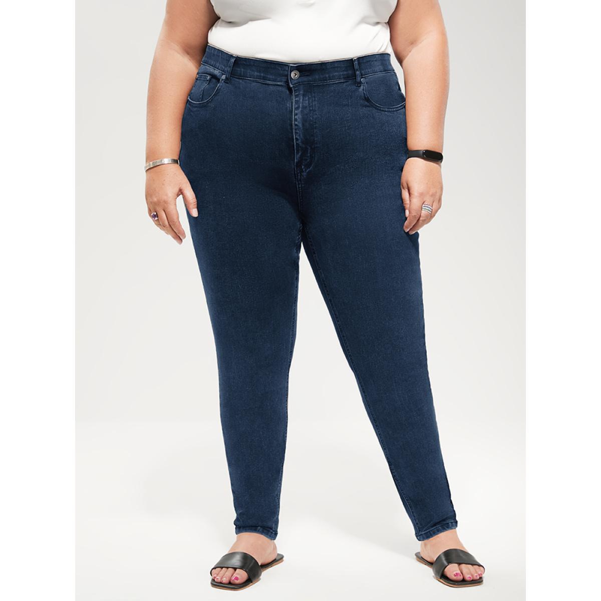 Plus Size Skinny Very Stretchy Mid Rise Dark Wash Gap Proof Jeans Women DarkBlue Office Plain Gap-proof High stretch Pocket Jeans BloomChic 30/6X Product Image