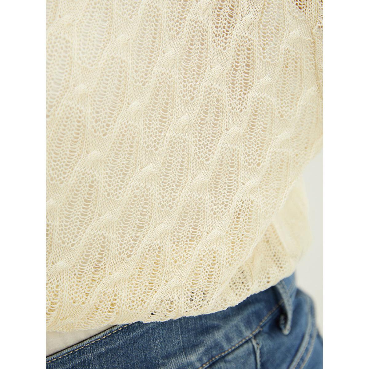 Plus Size Plain Argyle Eyelet Knotted Open Front Cardigan Beige Women Vacation Long Sleeve Going out Cardigans BloomChic 26/4X Product Image