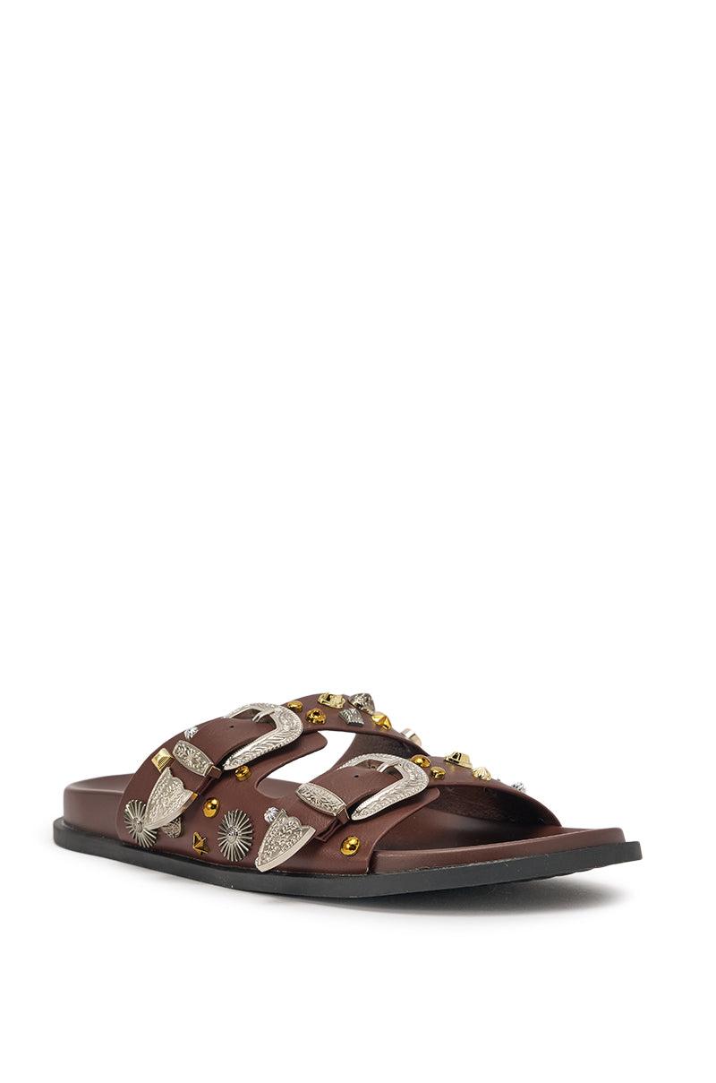 AKIRA BARCLAY BROWN METAL EMBELLISHED SLIP ON FLAT SANDAL Product Image