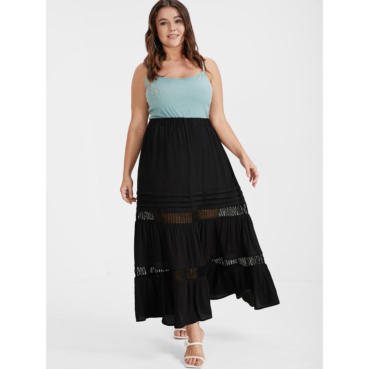 Plus Size Eyelet Lace Patchwork Elastic Waist Skirt Women Black Elegant Patchwork Loose No stretch Dailywear Skirts BloomChic 10/M Product Image