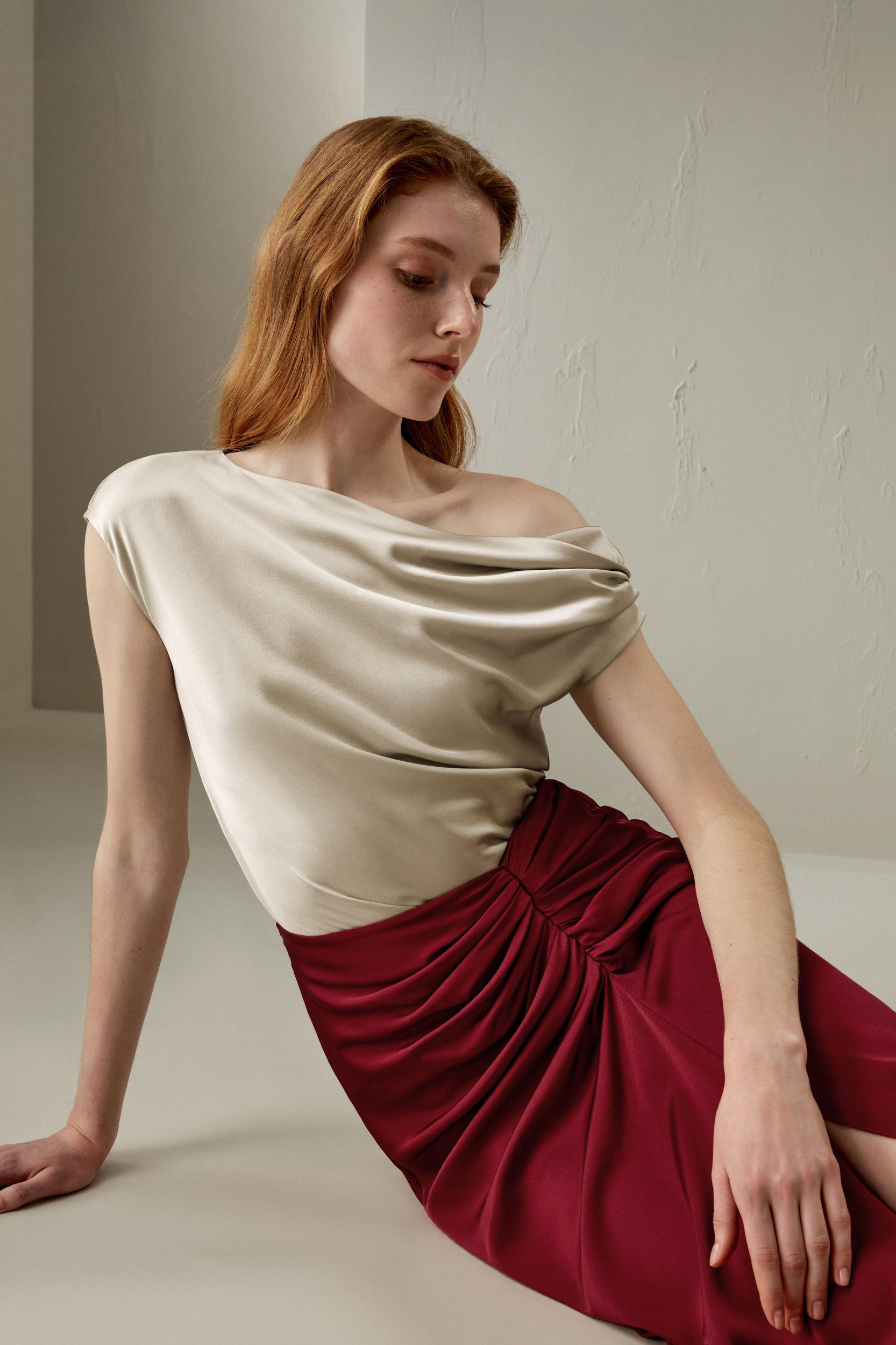 LILYSILK Regular Fit Boat Neck One-Shoulder Silk Top | Luxurious Silk Tops For Women-91T5398 - Light Apricot - 6 Product Image