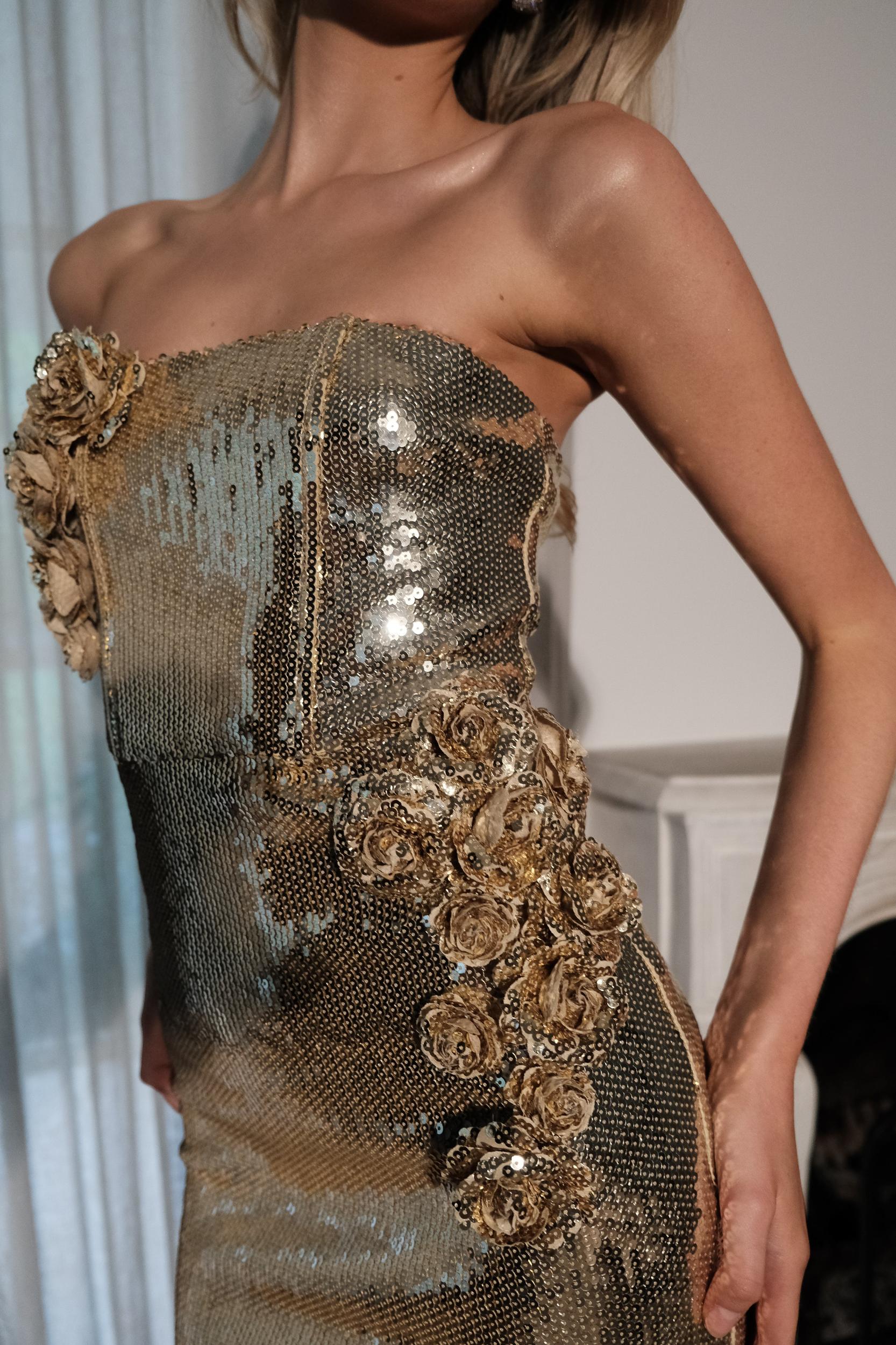 Cassia Strapless Sequin Rose Midi Dress - Gold Product Image