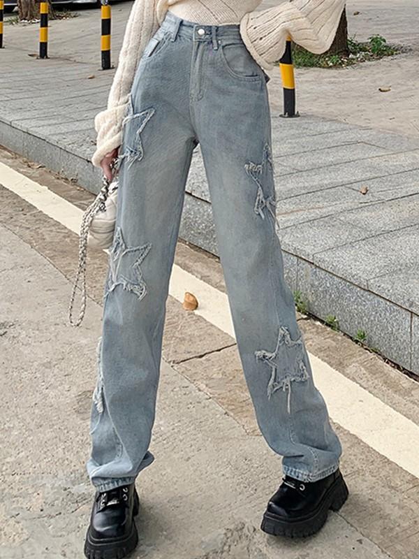 Vintage Distressed Star Patch Boyfriend Jeans Product Image
