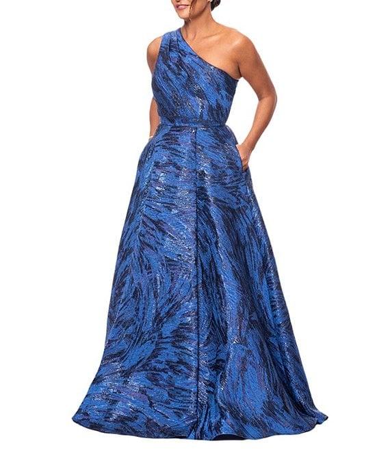 Xscape Brocade One Shoulder Sleeveless Side Pockets Front Slit Ball Gown Product Image