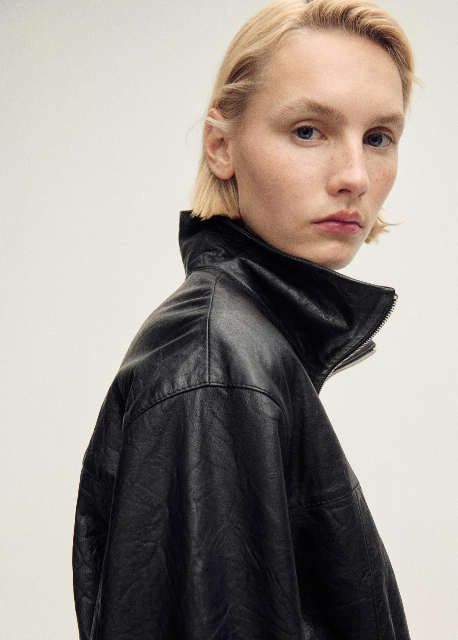 Oversized leather jacket - Women | MANGO USA Product Image
