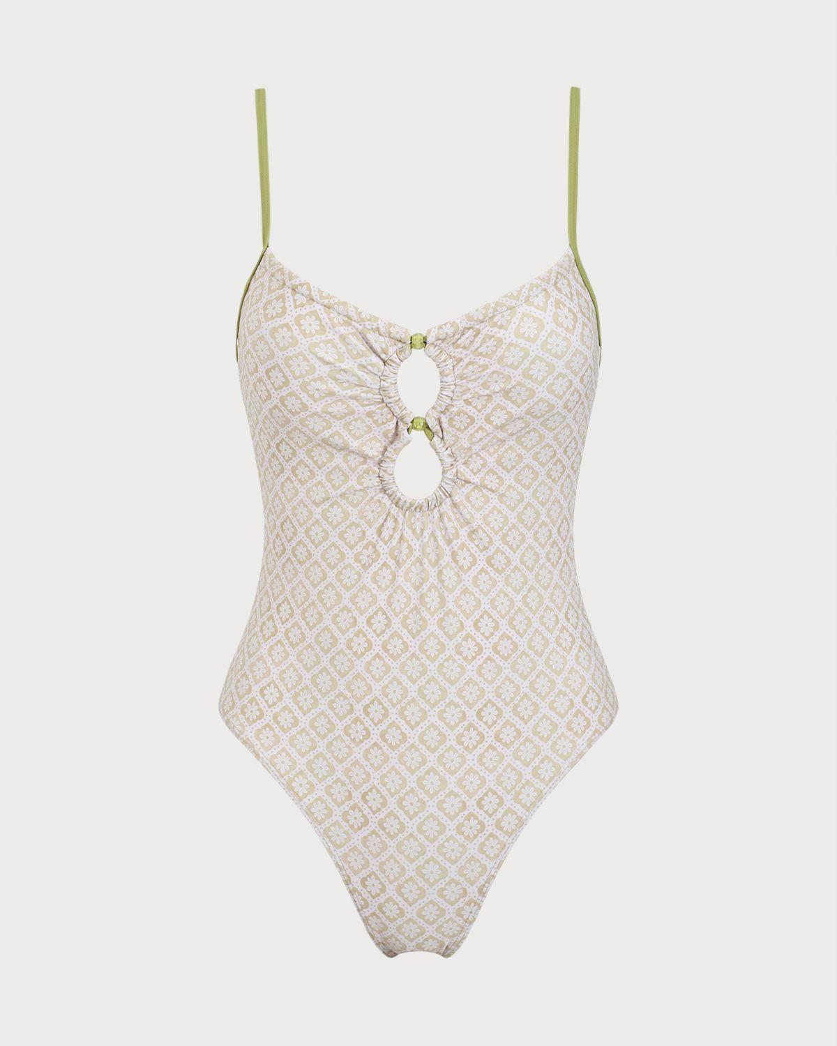 Green Floral U Neck One-Piece Swimsuit Product Image