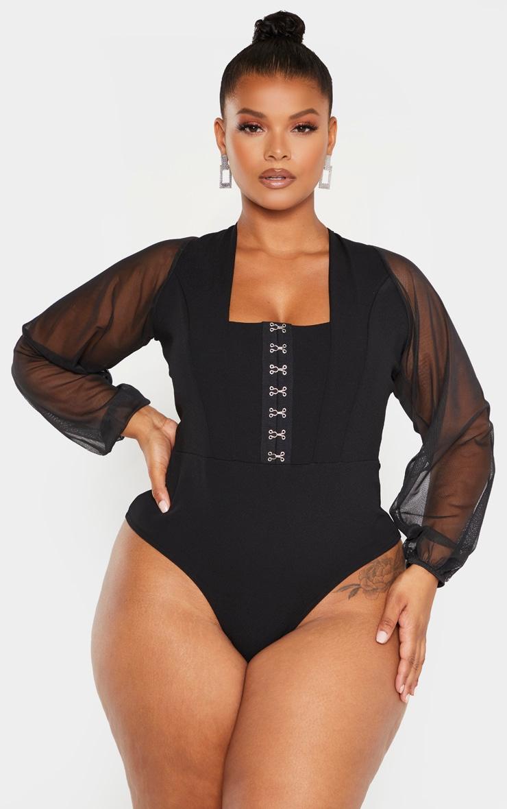 Plus Black Eyelet Detail Mesh Sleeve Bodysuit Product Image