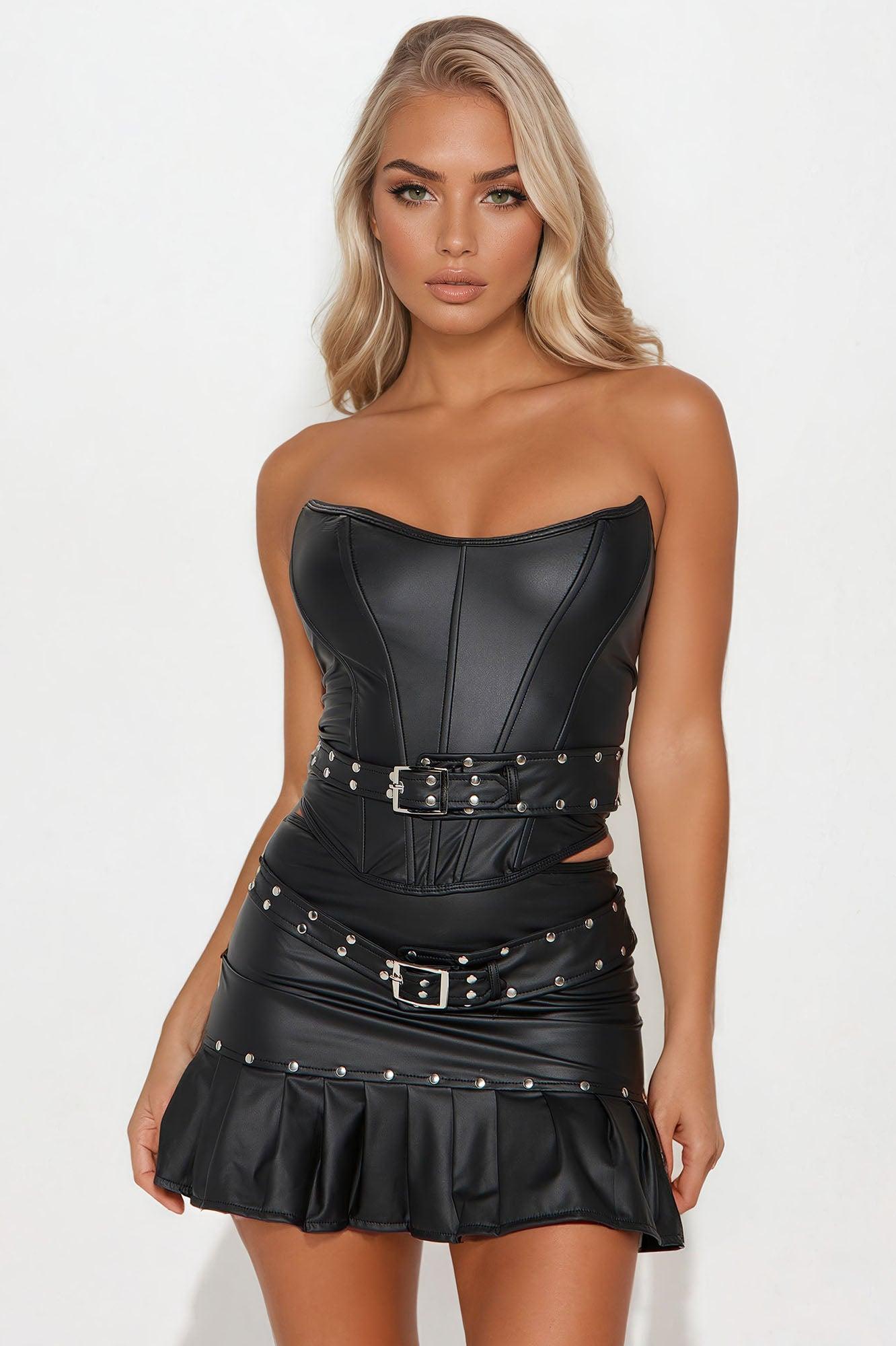 Stepping Out Faux Leather Skirt Set - Black Product Image