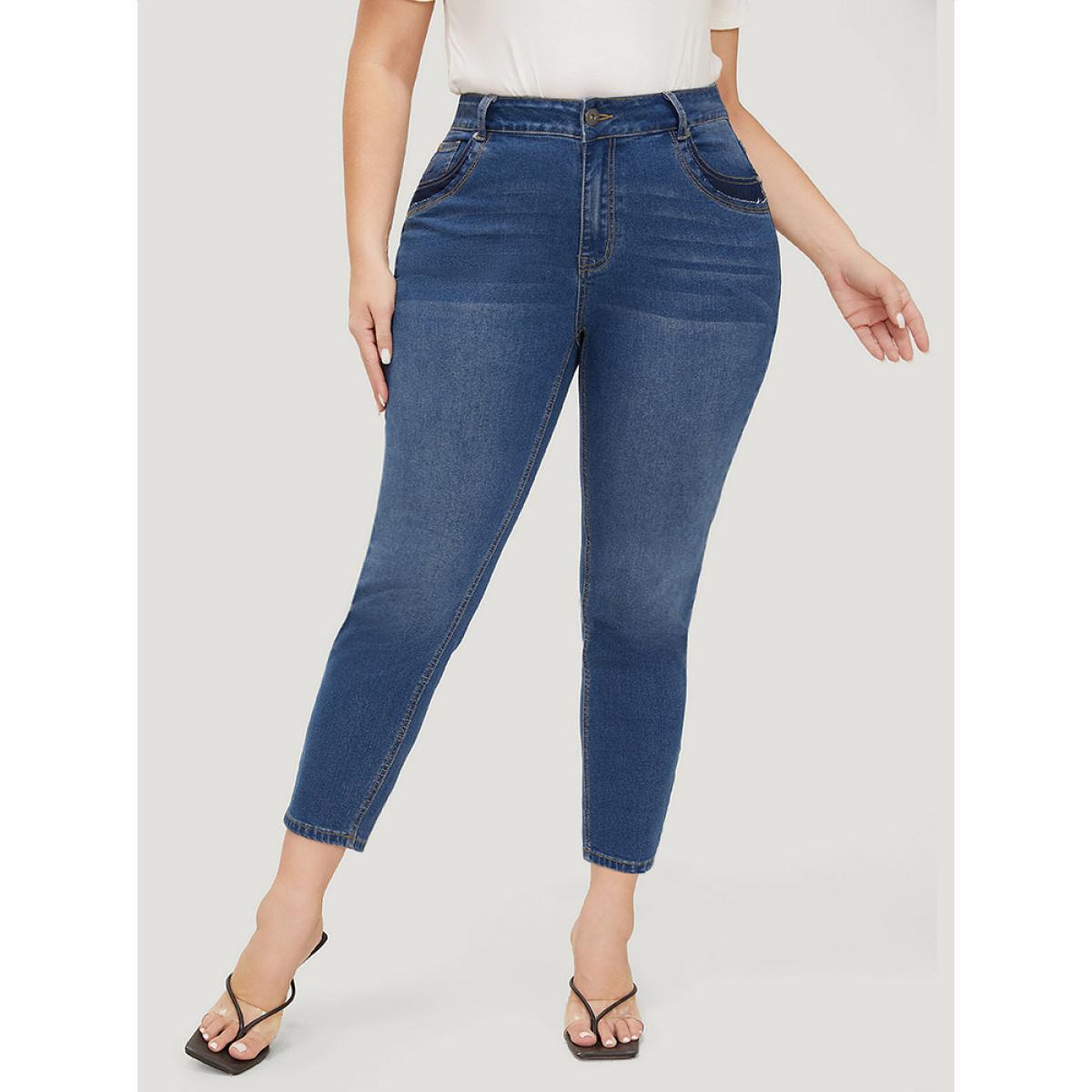 Plus Size Very Stretchy High Rise Medium Wash Patched Patchwork Jeans Women Indigo Casual Plain Patchwork High stretch Pocket Jeans BloomChic 10/M Product Image