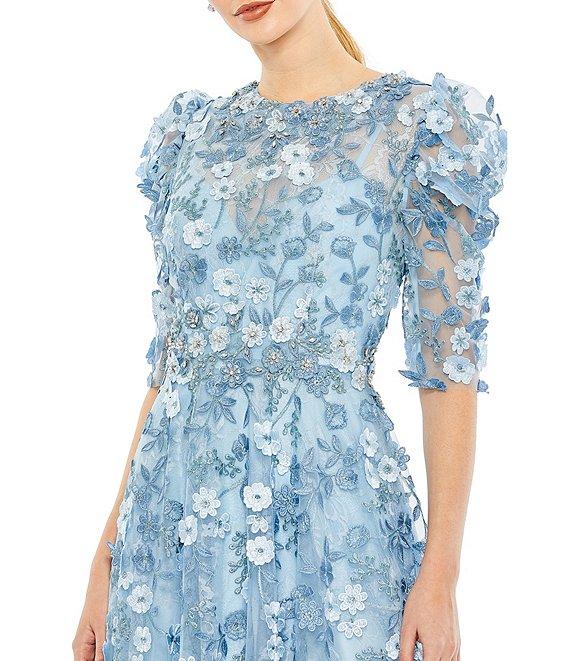 Mac Duggal Embroidered Floral Lace Crew Neck 3/4 Puff Sleeve A-Line Midi Dress Product Image