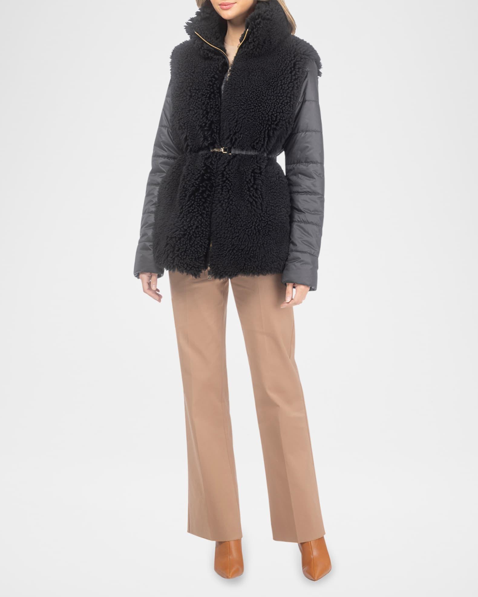 Belted Curly Lamb Shearling Jacket with Quilted Sleeves & Back  Product Image