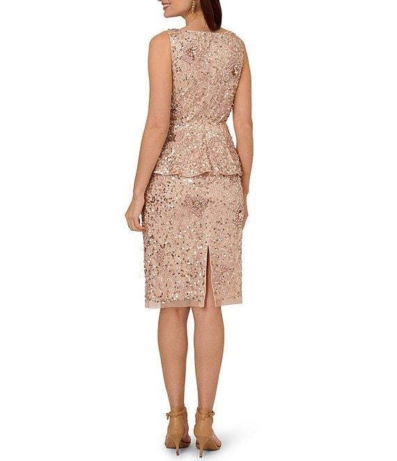 Adrianna Papell Boat Neck Beaded Mesh Peplum Dress Product Image