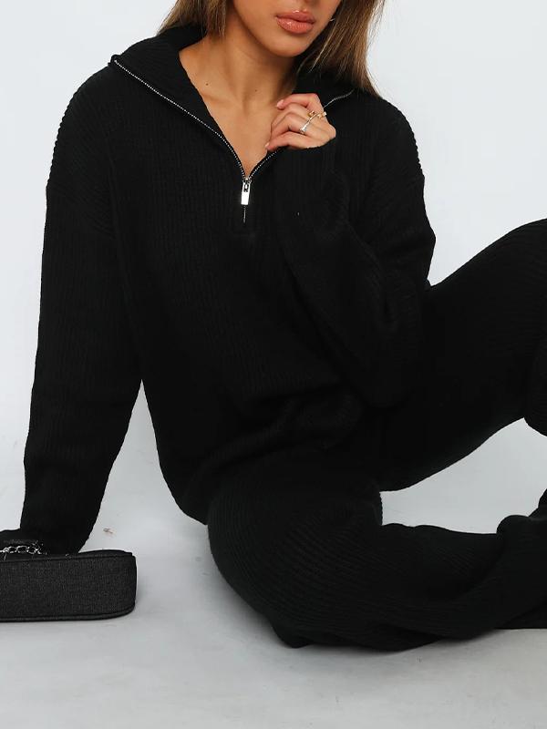 Solid Half Zip Long Sleeve Knit & Slit Pants Set Product Image