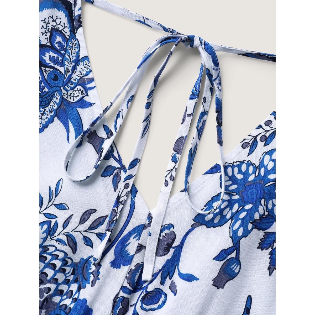 Plus Size Mediumblue Boho Print Surplice Neck Belted Jumpsuit Women Cap Sleeve Overlap Collar Vacation Loose Jumpsuits BloomChic 22-24/3X Product Image