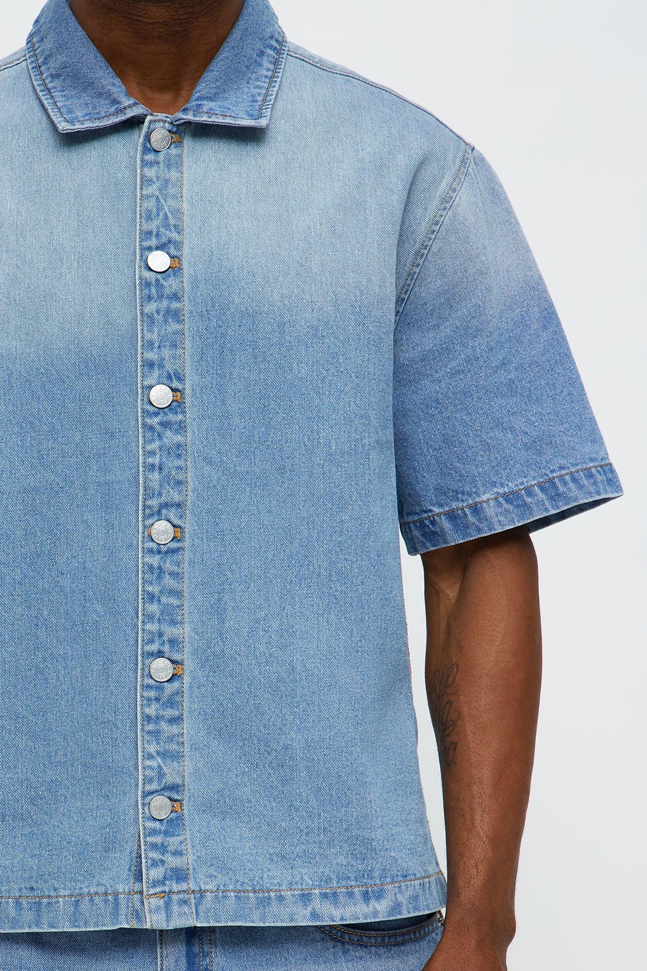 Relaxed Ansel Tapestry Denim Short Sleeve Shirt - Blue/combo Male Product Image