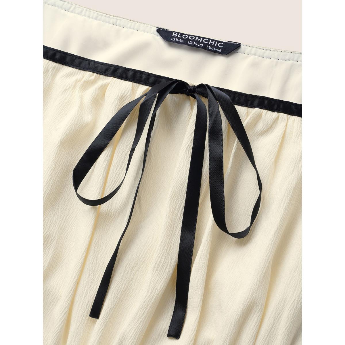 Plus Size Contrast Trim Tie Knot Elastic Waist Dress Ivory Women Elegant Tie knot Square Neck Short sleeve Curvy BloomChic 22-24/3X Product Image