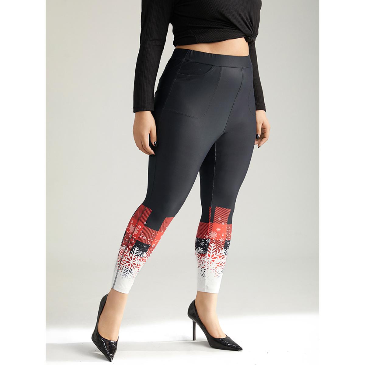 Plus Size Snowflakes Plaid Pocket Skinny Leggings Women Black Elegant High stretch Skinny High Rise Festival-Christmas Leggings BloomChic 14-16/1X Product Image