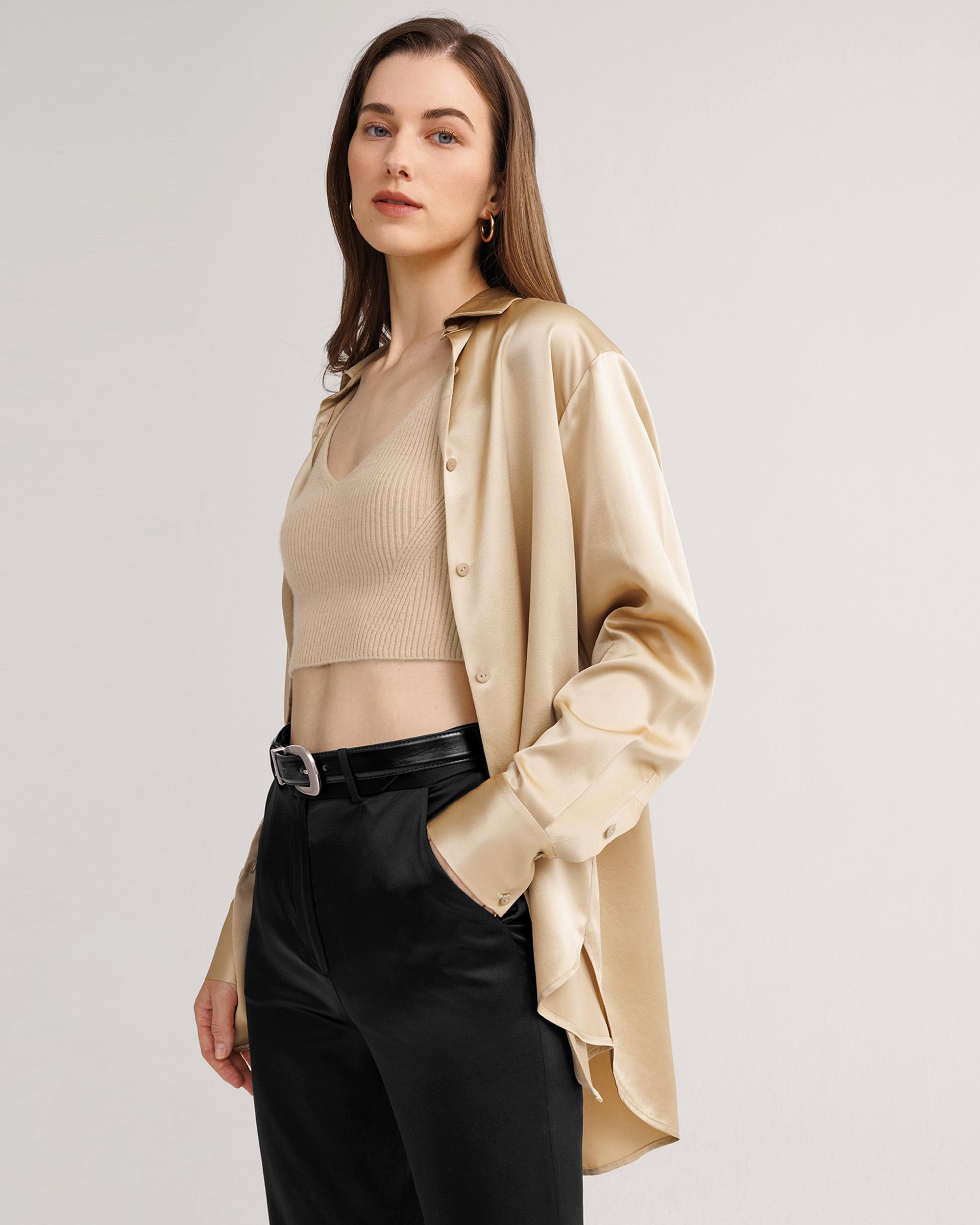 LILYSILK Business Gold Silk Shirt | Striped | 100 Silk Women Oversized Style Skin-Friendly and Breathable Light Camel S Product Image