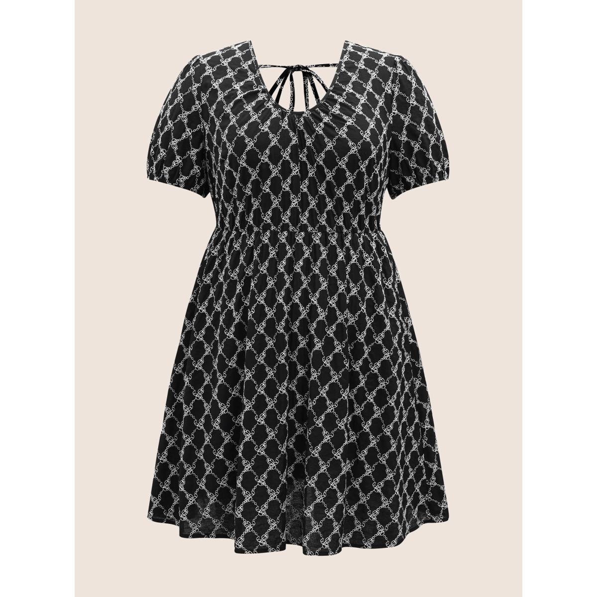 Plus Size U Neck Geometric Tie Knot Puff Sleeve Dress Black Women Casual Texture U-neck Short sleeve Curvy BloomChic 12/L Product Image