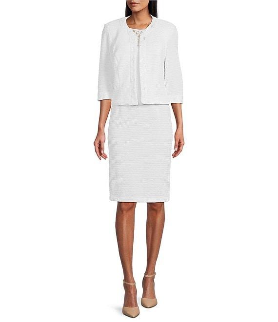 Le Bos Round Neck 3/4 Sleeve Embroidered Mesh Trim Textured 2-Piece Jacket Dress Product Image