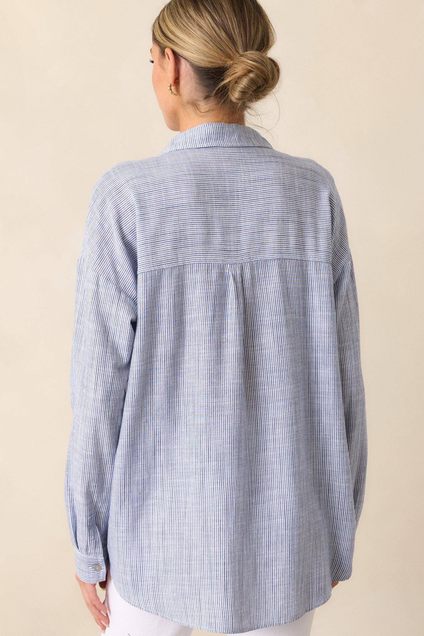 What Do You Mean Blue Stripe Linen Blend Button Front Top Product Image