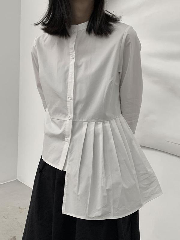 Long Sleeves Asymmetric Buttoned Pleated Solid Color Round-Neck Blouses&Shirts Tops Product Image