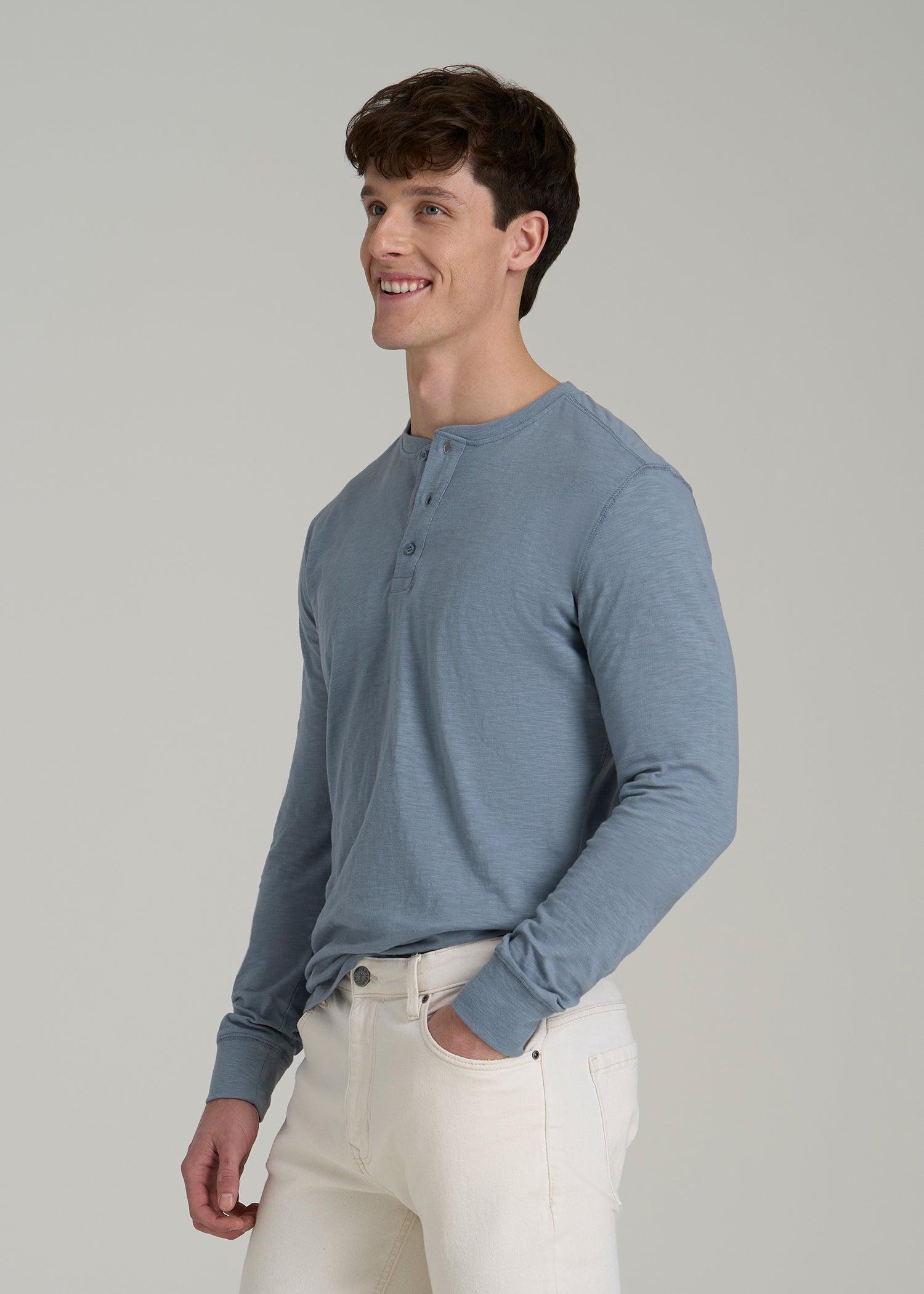 Three-Button Long Sleeve Slub Henley for Tall Men in Chambray Male Product Image
