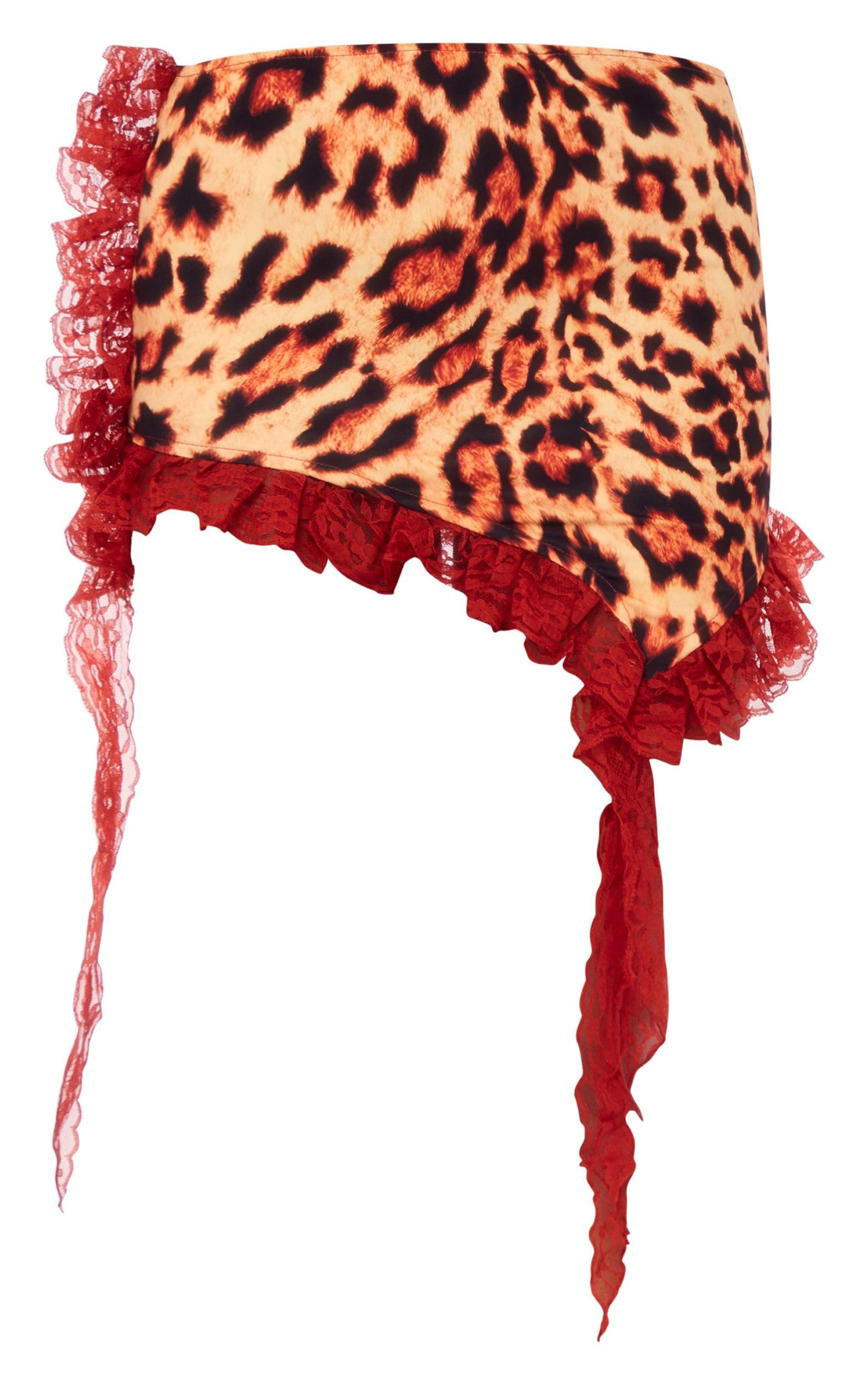 Brown Leopard Print Lace Trim Mini Skirt Product Image