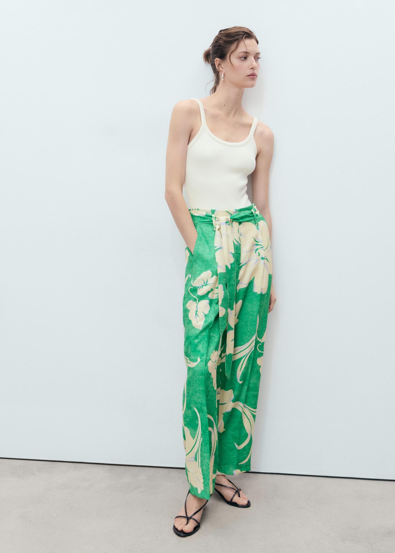 Printed pants with belt - Women | MANGO USA Product Image