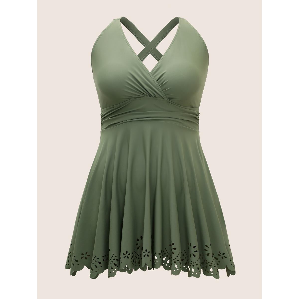Plus Size Laser Cut Overlap Collar Bodycon Swim Dress Women's Swimwear ArmyGreen Beach Bodycon V-neck High stretch Curve Swim Dresses BloomChic 22-24/3X Product Image