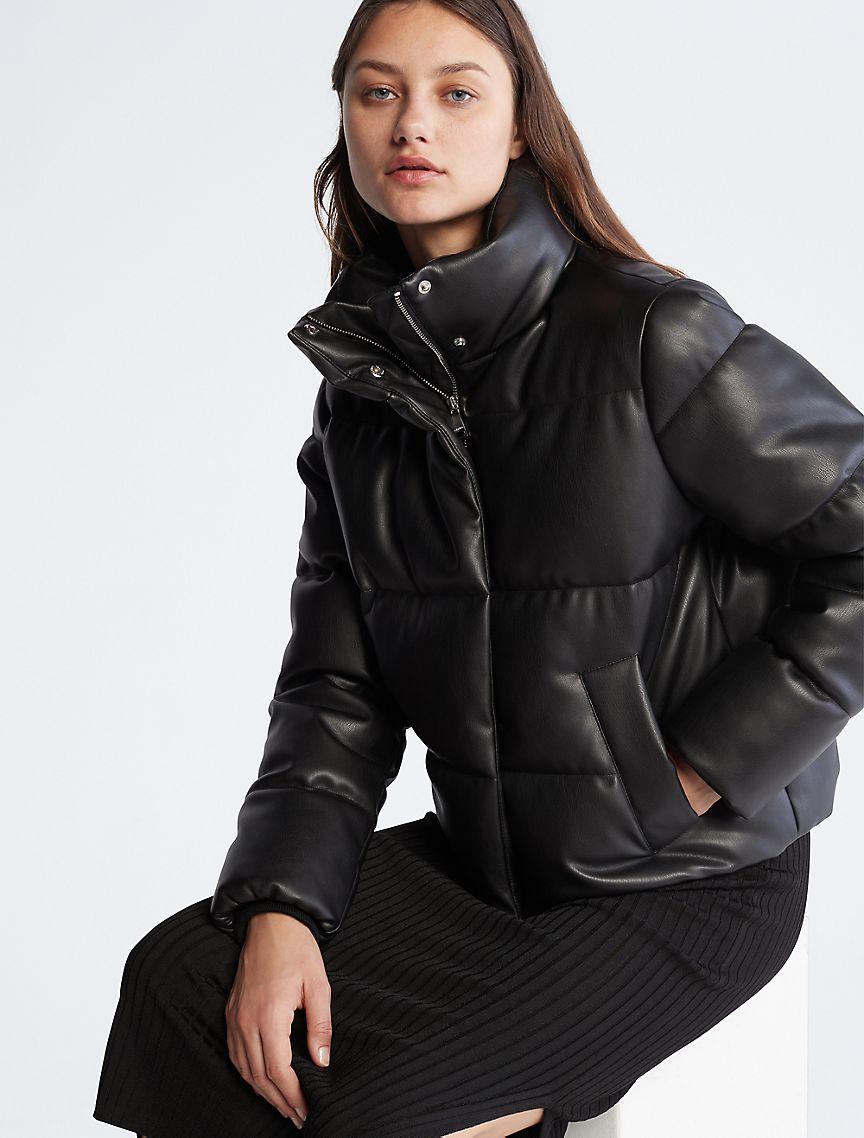 Faux Leather Puffer Jacket Product Image
